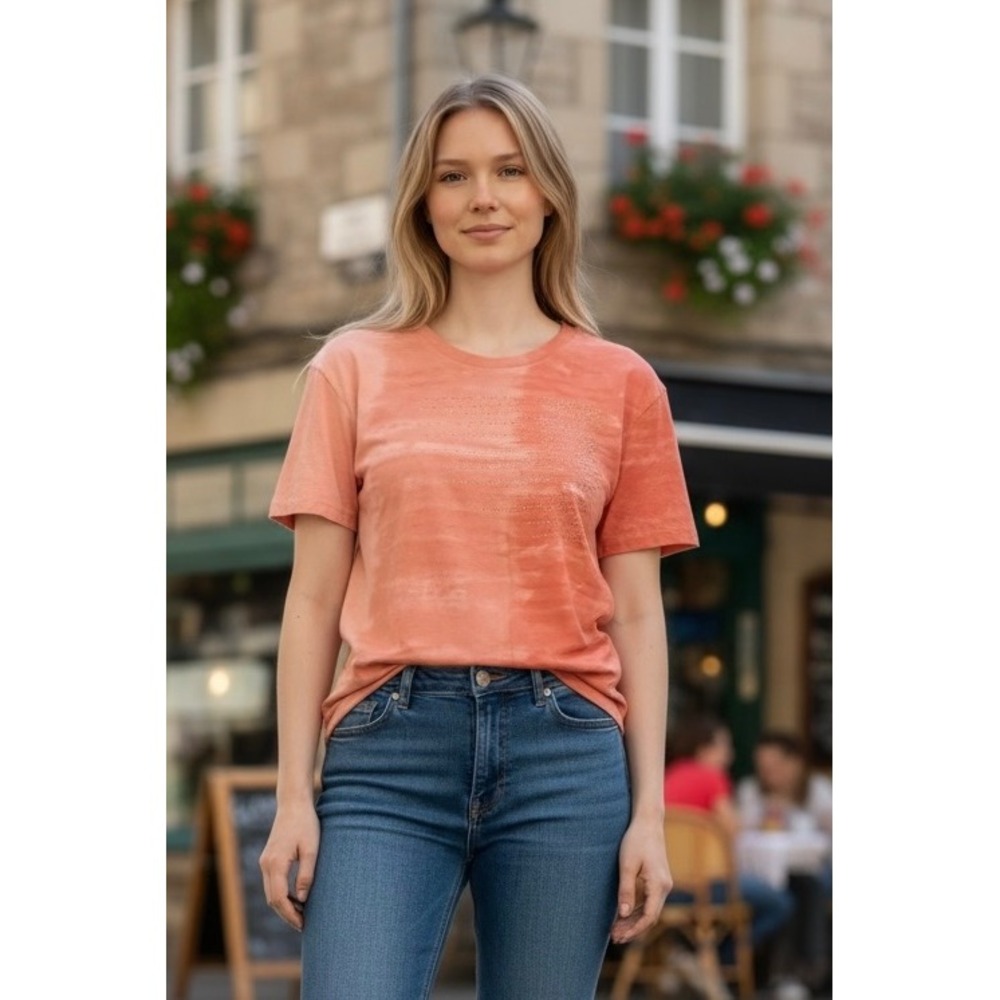 New Directions Weekend Orange Tie Dye Rhinestone Studded Cotton T-Shirt Womens S